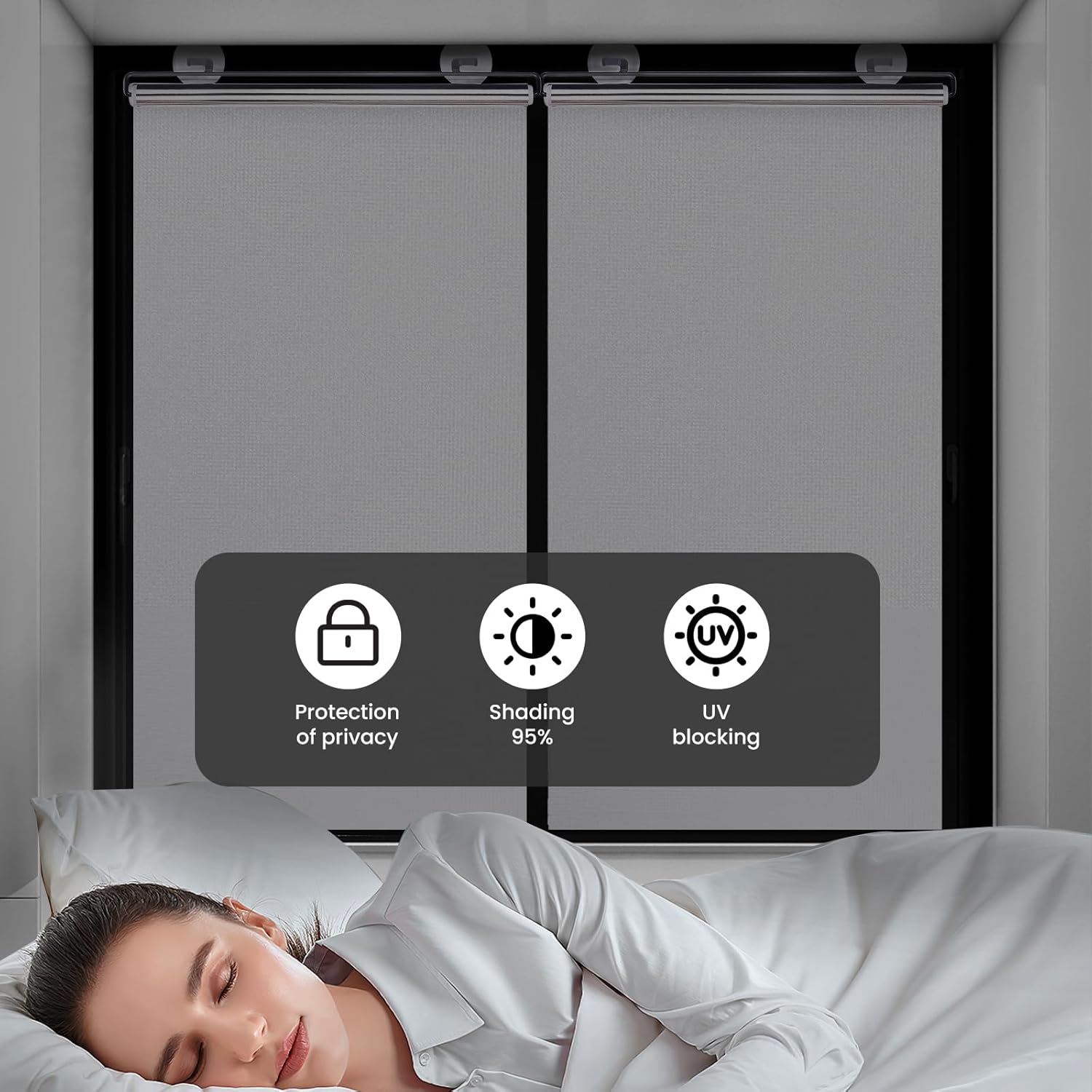 No Drilling Retractable Roller Window Shades W/3 Suction Cups, Black Blackout Blind Shade Temporary Cover Curtain for Home Bedroom Car (49.21 L×22.83 W, Silver Coating)